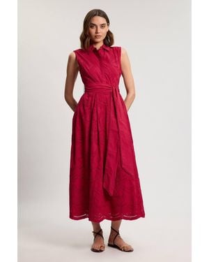 Karen Millen Cotton Broderie Scalloped Hem Sleeveless Shirt Dress - Red