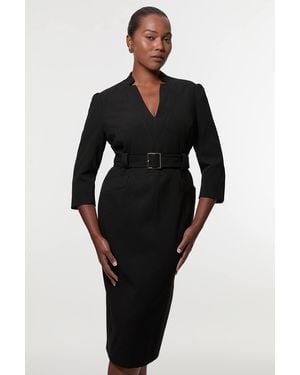 Karen Millen Plus Size Structured Crepe Belted Forever Midi Dress - Black