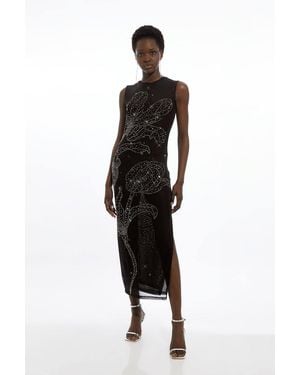Karen Millen Placed Embellished Floral Mesh Jersey Midi Dress - Black