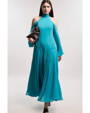 Karen Millen Crinkle Georgette High Neck Cold Shoulder Woven Maxi Dress - Blue