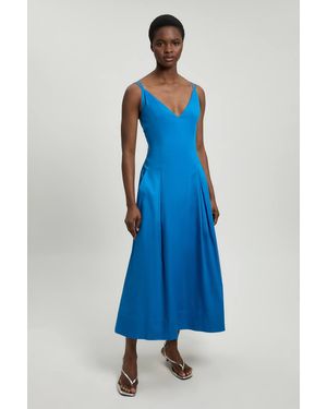 Karen Millen Cotton Sateen V Neck Maxi Dress - Blue