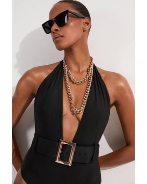 Karen Millen Hardware Detail Belted Plunge Swimsuit - Black