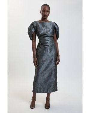 Karen Millen Taffeta Twill Puff Sleeve Midi Dress - Metallic