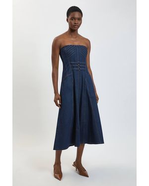 Karen Millen Denim Bandeau Corset Detail Midi Dress - Blue