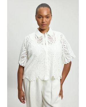 Karen Millen Plus Size Cotton Broderie Short Sleeve Blouse - White