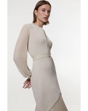 Karen Millen Woven Sleeved Pleated Dress With Pu - Natural
