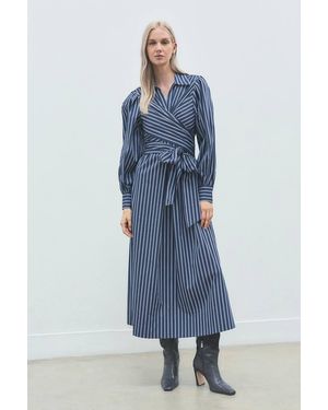 Karen Millen Forever Stripe Cotton Poplin Drama Sleeve Woven Wrap Detail Shirt Dress - Black