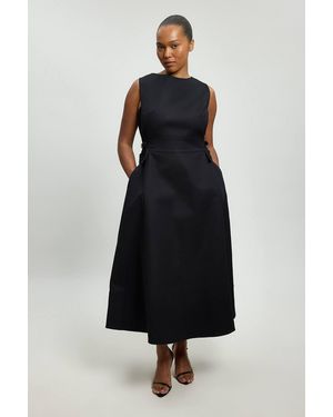 Karen Millen Plus Size Premium Cotton Tailored Fabric Belted Buckle Midi Dress - Black