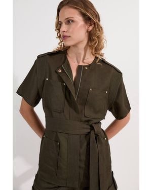 Karen Millen Linen Twill Top Stitch Belted Top With Studs - Green