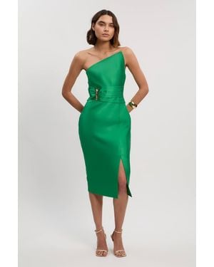 Karen Millen Satin Twill Trim Detail Structured Asymmetric Neck Tailored Midi Dress - Green
