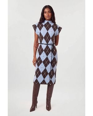Karen Millen Studded Argyle Wool Blend Cosy Knit Belted Midi Dress - Blue