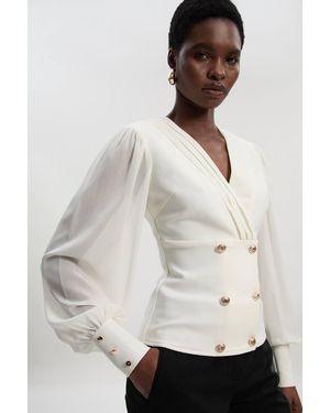 Karen Millen Figure Form Bandage Woven Mix Military Button Blazer Knit Top - White