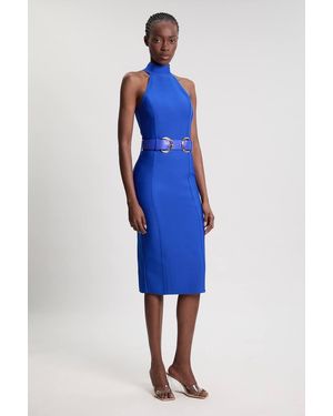 Karen Millen Bandage High Neck Buckle Trim Midi Dress - Blue