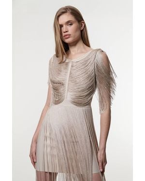 Karen Millen Petite Maxi Draped Fringe Knitted Mini Dress - Natural