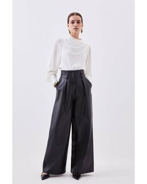 Karen Millen Petite Faux Leather High Waisted Wide Leg Trousers - Blue