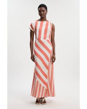 Karen Millen Viscose Linen Mixed Stripe Asymmetric Woven Midi Dress - Red