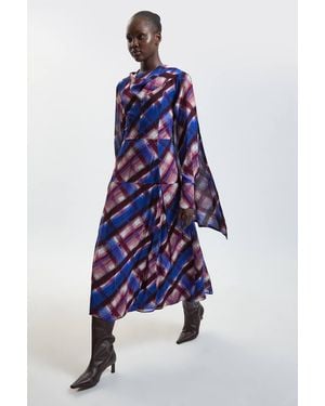 Karen Millen Check Print Scarf Detail Viscose Woven Midi Dress - Blue
