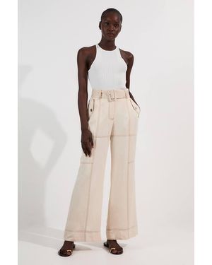 Karen Millen Premium Linen Twill Topstitch Woven Trouser - Natural