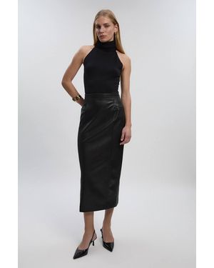 Karen Millen Petite Faux Leather Seam Waist Detail Pencil Midi Skirt - Black