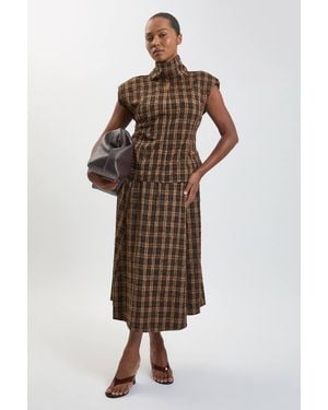 Karen Millen Plus Size Beaded Check Print Midi Skirt - Brown