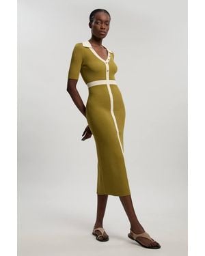 Karen Millen Knit Rib With Contrast Waist Detail Collared Short Sleeve Midi Dress - Green