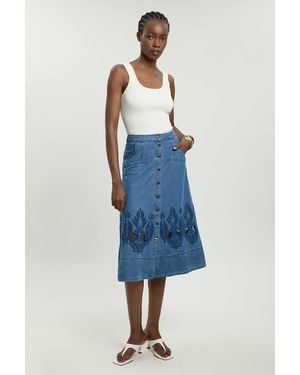 Karen Millen Denim Cut Out Full Midi Skirt - Blue
