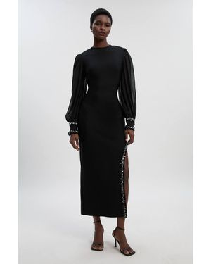 Karen Millen Petite Embellished Figure Form Bandage And Chiffon Sleeve Midi Dress - Black
