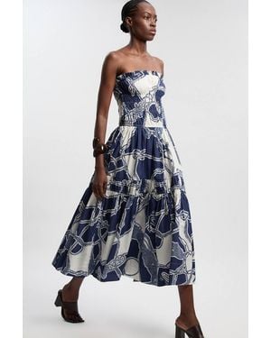 Karen Millen Shirred Cotton Tiered Chain Print Bandeau Woven Maxi Dress - Blue