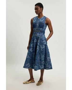 Karen Millen Jacquard Denim Full Skirted Midi Dress - Blue