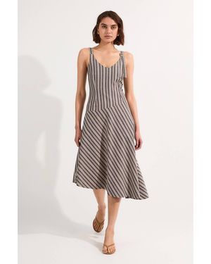 Karen Millen Tailored Stripe Linen Strappy Asymmetric Hem Midi Dress - Black