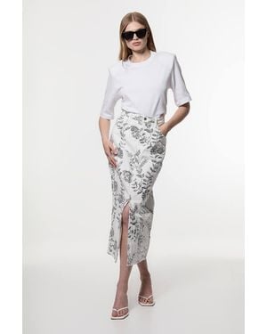 Karen Millen Denim All Over Floral Sequin Skirt - White