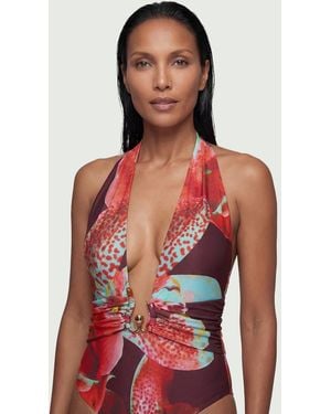 Karen Millen Photographic Floral Plunge Swimsuit With Stone Detail - Red