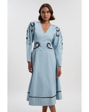 Karen Millen Petite Baroque Embroidered Long Sleeve Twill Woven Midi Dress - Blue