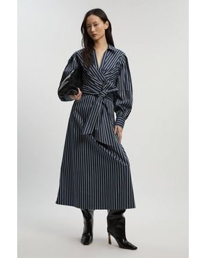 Karen Millen Forever Stripe Cotton Poplin Drama Sleeve Woven Wrap Detail Shirt Dress - Black