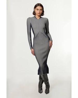 Karen Millen Stripe Fitted Long Sleeve Knitted Midi Dress - Grey