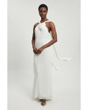 Karen Millen Viscose Georgette Rosette Ruffle Halterneck Maxi Dress - White
