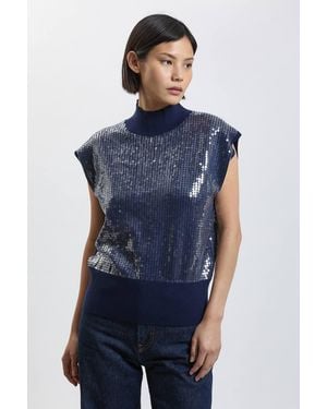 Karen Millen Petite Sequin Cosy Knit Sleeveless Tank Top - Blue