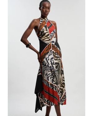 Karen Millen Print Fluid Tencel Halter Neck Woven Maxi Dress - White