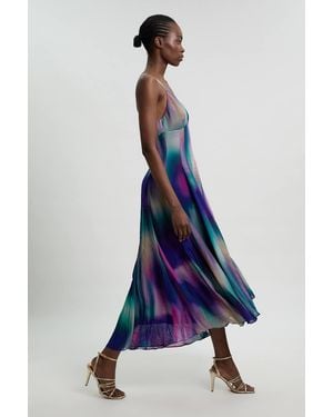 Karen Millen Petite Crinkle Georgette Strappy Blur Print Woven Midi Dress - Blue