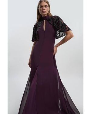 Karen Millen Petite Crystal Embellished Cutwork Cape Detail Woven Maxi Dress - Purple