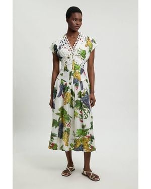 Karen Millen Petite Fruit Print Tape Detail Short Sleeve Woven Maxi Dress - Green