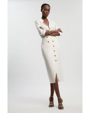 Karen Millen Textured Compact Stretch Button Detail Midi Skirt - Natural