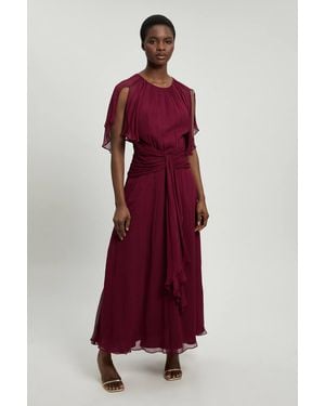 Karen Millen Petite Viscose Georgette Cape Sleeve Ruffle Woven Maxi Dress - Red