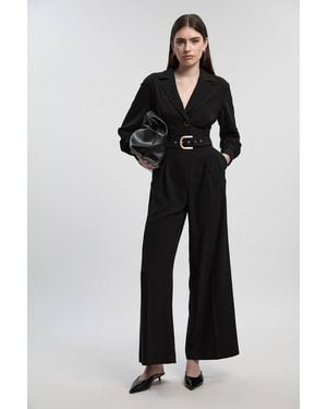 Karen Millen Tailored Crepe Belted Wide Leg Jumpsuit - Black