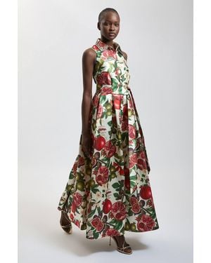 Karen Millen Petite Fruit Print Embellished Collar Twill Midi Dress - White