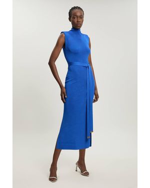 Karen Millen Slinky Drape Knit Power Shoulder Sleeveless Funnel Dress - Blue