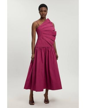 Karen Millen Cotton Poplin 3D Pleat Detail Woven Midi Dress - Pink