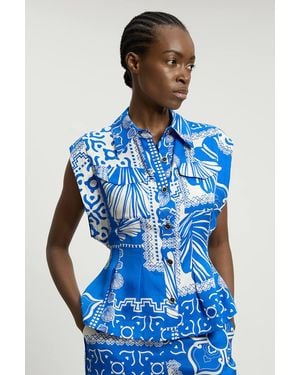 Karen Millen Premium Linen Printed Woven Sleeveless Woven Top - Blue