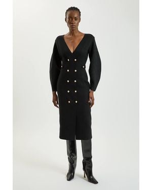 Karen Millen Petite Wool Look Military Double Breasted Knitted Dress - Black