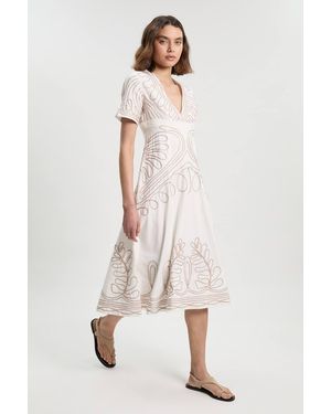 Karen Millen Cotton Linen Cornelli Embroidery Open Back Woven Midi Dress - Natural